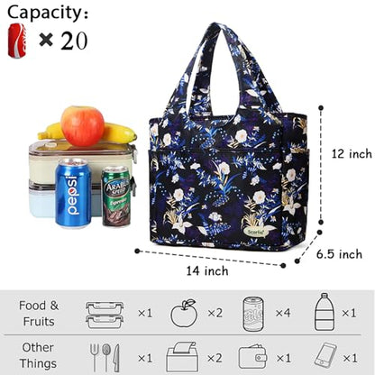 Extra Large Insulated Lunch Tote Bag for Women Men, Leakproof Cooler Lunch Box Shoulder Purse with Side Pockets for Work - Blue Flower - color: Blue flower