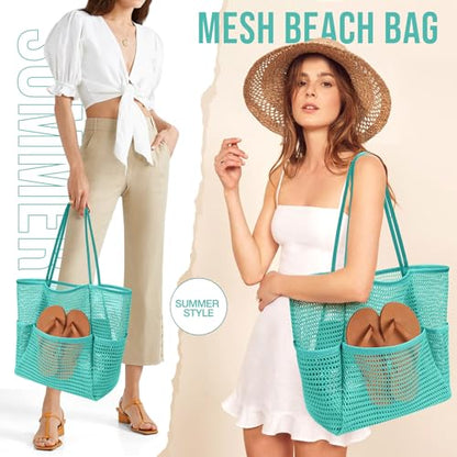 KPX Beach Bag with Mini Pocket, Summer Beach Tote Bags for Women Large Foldable Mesh Swimming Pool Travel Bags - Sandproof - color: Teal