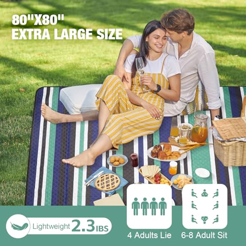 Picnic Blankets Outdoor Extra Large - 80"x80" Waterproof Beach Blanket, Machine Washable 3-Layer Foldable Park Mat with Sandproof Backing for Grass, Hiking, Travel, Concerts, Indoor (NavyBlue) - color: Navy