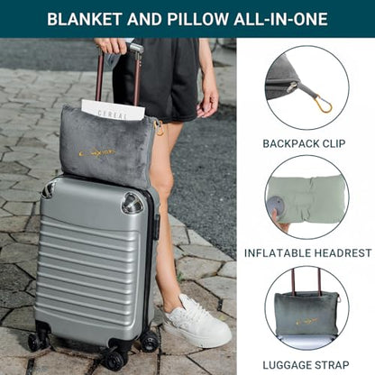 Travel Blanket and Pillow Set for Airplane, 300 GSM Soft Fleece Compact Travel Blanket with Inflatable Pillow and Carry Bag, 60x43 Inches, Grey - color: Grey