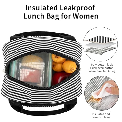 Lunch Bag Women Lunch Box for Women Adult Cute Insulated Lunch Bag Small Cooler Lunch Tote Bags for Work Picnic Travel (Black Stripes) - color: Black Stripes
