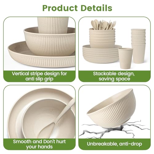 36-Piece Reusable Wheat Straw Dinnerware Sets for 6, Farielyn-X Unbreakable Reusable Set Kitchen Cups, Plates, Bowls Sets & Cultery Dishwasher Microwave Safe - Patio, Outdoors, RV, Camping Dishes