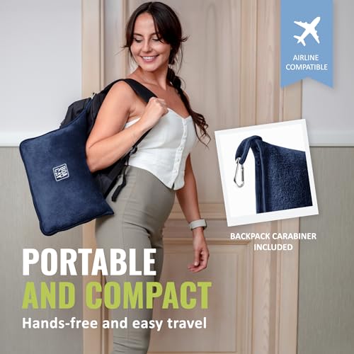 BOACAY Soft & Warm Travel Blanket for Airplane & Car - Long Flight Essential for Women, Men, Kids - Compact Pillow with Luggage Sleeve & Backpack Clip - color: Navy Blue