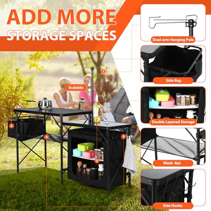 Nice C Camping Kitchen Table, Portable Folding Camp Cook Station, Storage Organizer, with Light Poles, Storage, Side Bag, Side Hooks, for Outdoor, Picnic, Beach, RV Traveling (Black)