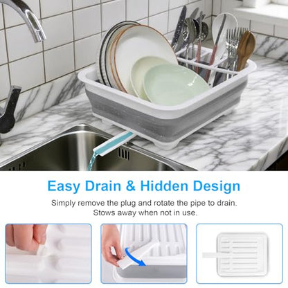 Collapsible Dish Drying Rack with Drain Plug Tube, Portable Dish Drainers for Kitchen Counter, Folding Dish Rack Over Sink Drying Dinnerware,Kitchen Sink Organizer Travel Trailer RV Camping Essentials - style: With Drain Plug