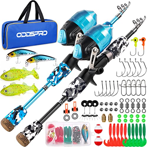 ODDSPRO Kids Fishing Pole Pink, Portable Telescopic Fishing Rod and Reel Combo Kit - with Spincast Fishing Reel Tackle Box for Girls, Youth - color: 2 pack (Blue+Black), size: 4.92 ft