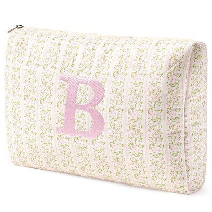 HBselect Initial Quilted Makeup Bag, Pink Cosmetic Travel Toiletry Bag, Flowers Coquette Zipper Make Up Pouch Organizer Teen Girl Gift Trendy Stuff B - color: 1Pc Medium Pinkflower, style: B