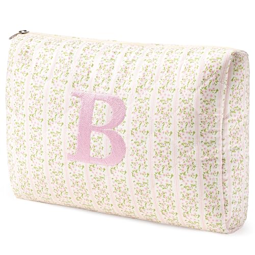 HBselect Initial Quilted Makeup Bag, Pink Cosmetic Travel Toiletry Bag, Flowers Coquette Zipper Make Up Pouch Organizer Teen Girl Gift Trendy Stuff B - color: 1Pc Medium Pinkflower, style: B