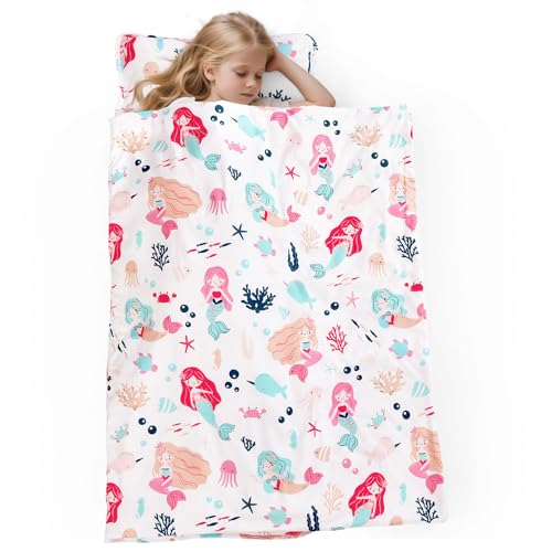 PHF Soft Toddler Nap Mat with Removable Pillow, Rollup Design Kids Sleeping Mat, Slumber Bags for Girls, 50"x20" Toddler Sleeping Bag for Daycare Preschool Travel Camping, Mermaid - color: Mermaid