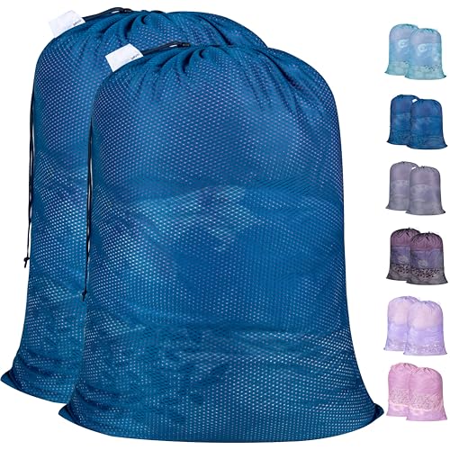 Polecasa Extra Heavy Duty Large Diamond Mesh Laundry Bags with Drawstring Closure & ID Tag, 2 Pack 24 x 36 inches Washable Storage Bag for College, Travel, Sports, Dorms, Blue - color: Blue, size: 24"x36" | 2 Pack