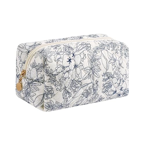 Gleyemor Small Quilted Makeup Bag for Women, Cute Floral Bow Cosmetic Bag, Emergency Bag Travel Toiletry Cotton Pouch Gifts for Girls Her Mom Friend Sister Bridesmaid (Navy Floral) - color: Navy Floral