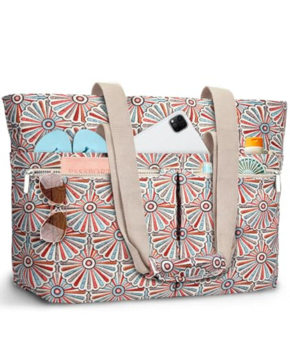 HUANLANG Large Beach Bags for Women Pool Bag with Zipper, Waterproof Sandproof Beach Tote Travel Bag with Wet Pocket - color: White Floral