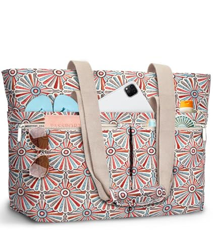 HUANLANG Large Beach Bags for Women Pool Bag with Zipper, Waterproof Sandproof Beach Tote Travel Bag with Wet Pocket - color: White Floral