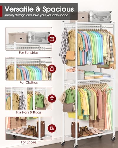 Sakugi Clothes Rack - 33.0" x 12.2" x 79.5" Clothing Rack with Shelves & Wheels, Multi-Functional Wardrobe Closet with Hooks, Sturdy Metal Garment Rack for Bedroom, Laundry, Balcony (White) - color: White, size: Large
