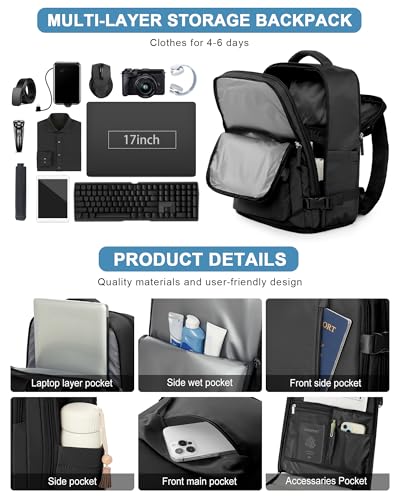 VGCUB Large Travel Backpack Bag for Women Men,Carry on Backpack,17 Inch Laptop Business Work Waterproof Backpack with Laptop Compartment,Person Item Flight Approved,Mochila de Viaje,Black Large - color: Black, style: Xx-large