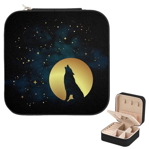 Jewelry Travel Case, Wolf Howling Moon Star Boho Small Jewelry Box with Mirror, Traveling Jewelry Organizer for Girls Women, Portable Jewellery Storage Holder for Rings Earrings Necklace Bracelet - color: Wolf Howling Moon Star