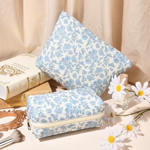 SOIDRAM 2 Pcs Makeup Bag Large Cosmetic Bag Toiletry Bag Makeup Pouch Travel Bag Organizer Cute Makeup Brushes Aesthetic Accessories Storage Bag for Women Blue Floral - color: Blue Floral