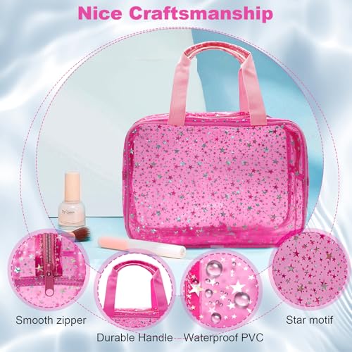 Clear Red Star Large Makeup Bag with Star Pattern 12x5x8 inch, Travel Cosmetic Bag with Handle, Durable PVC Material Washbag Zipper Opening Design for Makeup Travel Organizer or Gym Use - color: Red, style: Star