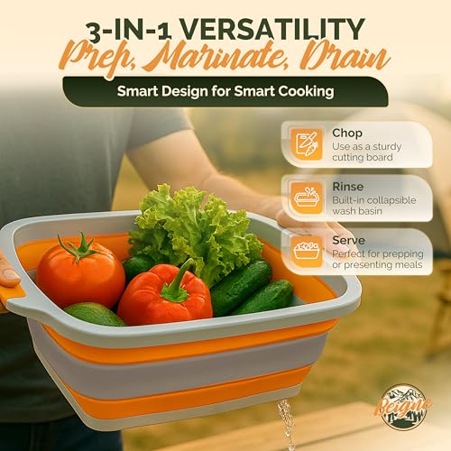 XL BBQ Prep Tub with Lid, 16L Collapsible Marinating Container & Cutting Board - Foldable Food Basin for Meat Prep Tub - Grill Station for Outdoor Cooking, Camping - BBQ Food Storage Tray