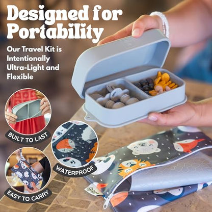 Baby Travel Essentials 6 Pc Silicone Feeding Set - Portable Toddler Plates with Suction, Baby Spoons & Foldable Bib in Carrying Case - BPA-Free Infant & Toddler Utensils for Airplanes & Eating Out - color: Gray