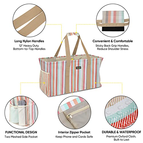 BALEINE Extra Large Utility Tote Bag with Reinforced Wire Frame, Reusable Grocery Bag for Shopping, Picnic (Color Stripe, 22''x12''x10'') - color: Color Stripe, size: 22''x12''x10''