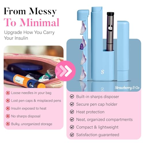 STRAWBERRY & CO Insulin Cooler Travel Case - Built-in Sharps Dispenser & Temperature-Control Organizer- TSA Approved Diabetic Pen Storage for Ozempic, Insulin Pens & Needles - Compact & Leak-Proof - color: Blue