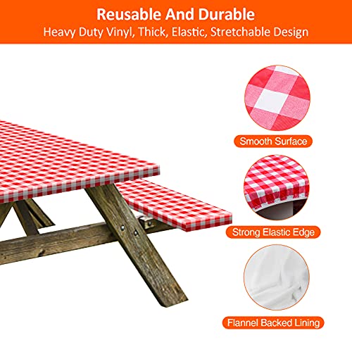 8ft Picnic Table and Bench Cover, Camping Essentials RV Gear, 96 in Waterproof Windproof Outdoor Elastic All Around Tablecloth, Fitted Rectangle Tables and Seats, Red-White Checkered - color: Red-white Checkered, size: 96"