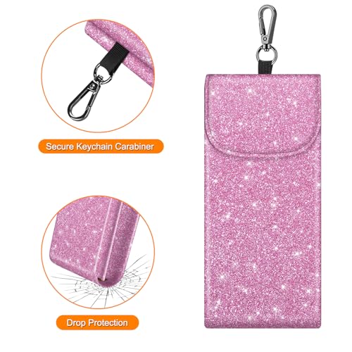 FINTIE Double Glasses Case with Carabiner Hook, Portable Vegan Leather Eyeglass Case Anti-scratch Sunglasses Pouch - color: Glittering Purple