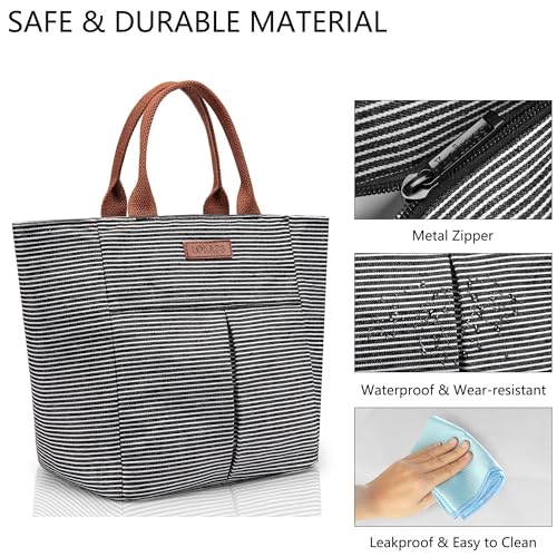 LOKASS Lunch Bag Women Insulated Lunch Box, Wide-Open Lunch Tote Bag Leak-proof Cooler Bag for Work Picnic- (Stripe) - color: Black Stripes