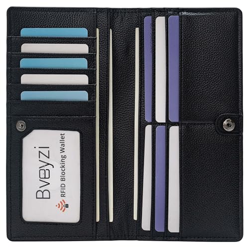 Bveyzi Ultra Slim Thin Leather RFID Blocking Credit Card Holder Bifold Clutch Wallets for Women - color: Black