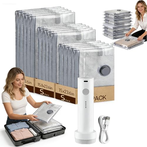 Aless Vacuum Travel Compression Bags, X7 Cordless Travel Vacuum Bag Set, VacuumS Seal Bags for Clothing Travels, Vacuum Bags for Travels with Rechargeable Air Pump, Space Saver for Clothes(15pcs)
