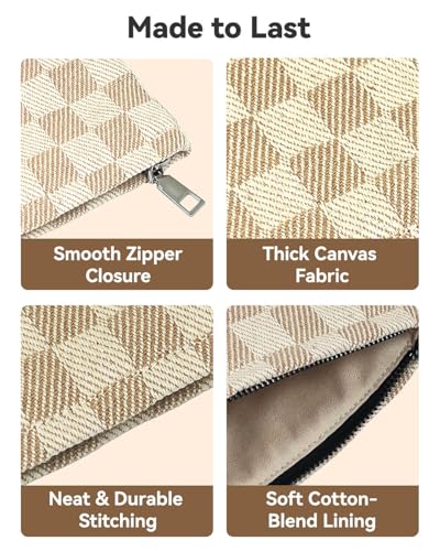 2 Pcs Checkered Makeup Bag Set Canvas Cosmetic Pouch for Women Large & Small Cute Preppy Aesthetic Travel Toiletry Pouch Organizer for Purse Skincare Brushes, Khahi - style: Khahi Checkered Canvas
