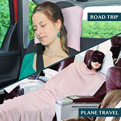 PAVILIA Travel Blanket Pillow, Soft Airplane Blanket 2-in-1 Combo Set, Plane Blanket Compact Packable, Flight Essentials Car Pillow, Travelers Gifts Accessories, Luggage Backpack Strap, 60x43 Pink - color: Pink