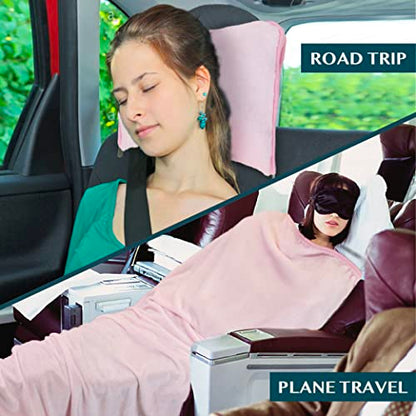 PAVILIA Travel Blanket Pillow, Soft Airplane Blanket 2-in-1 Combo Set, Plane Blanket Compact Packable, Flight Essentials Car Pillow, Travelers Gifts Accessories, Luggage Backpack Strap, 60x43 Pink - color: Pink