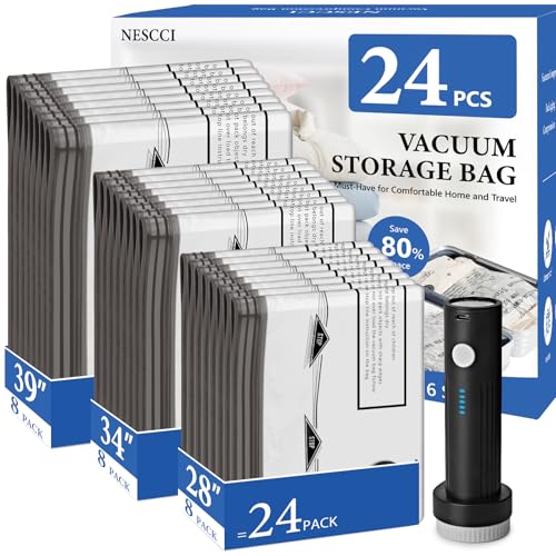 NESCCI Travel Vacuum Bags for Clothing with Rechargeable Wireless air Pump,24 Pack Compression Packing Bags for Luggage Suitcase,Carry-on Size Space Saver Vacuum Storage Bags - size: 24 Combo Size (Blue)