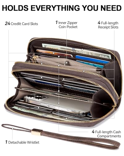 BOSTANTEN Wallets for Women Leather RFID Double Zipper Around Credit Card Holder Large Capacity Wristlet Clutch Wallet - color: T-coffee