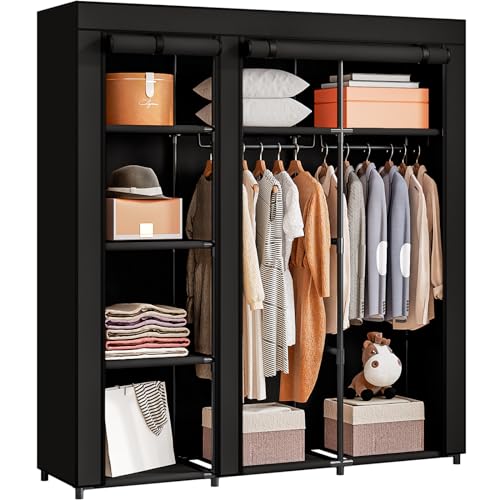 SORCEDAS Portable Wardrobe Closet Storage Organizer Metal Hanging Rack Non-Woven Fabric (Black, 51 Inch) - color: Black, size: 51 Inch