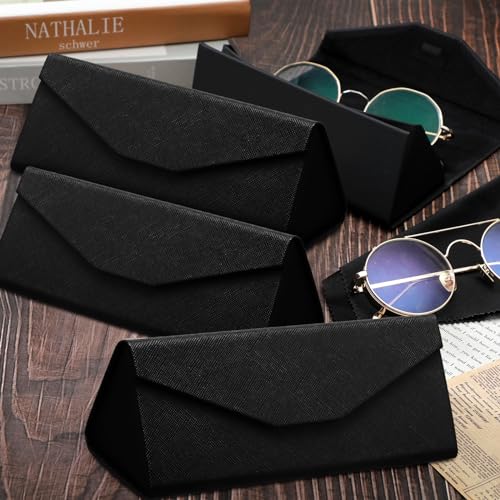 Flutesan 4 Pack Foldable Glasses Sunglasses Case PU Hard Shell Collapsible Eyeglasses Leather Case 4 Cleaning Cloths - color: Black Color