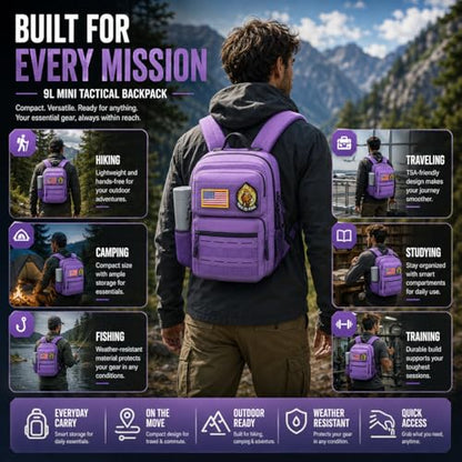 9L Mini Tactical Backpack for Men Women,Small Military Tactical Backpack for Sport,Gym,Hiking,Travel,Camping (Purple) - color: Purple