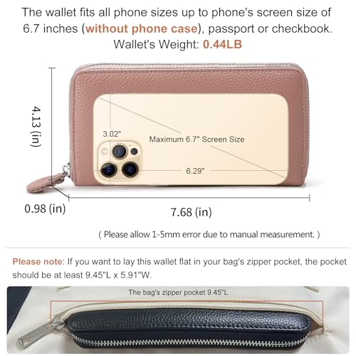 Moflycom Womens Wallet RFID Blocking Genuine Leather Zip Around Wallet Clutch Wristlet Travel Long Purse for Women - color: Pink
