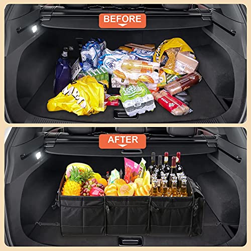 Car Trunk Organizer with Lid & Removable Leakproof Cooler Bag，Foldable Cover,Large Trunk Organizers,Multi-Compartment Collapsible Cargo Storage Organizer for SUV,Van,Truck,Sedan(3 Compartments,Black) - size: Three Compartment