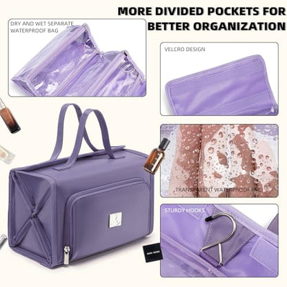 ROYALFAIR Roll Up Makeup Bag, Waterproof Toiletry Bag for Women, Hanging Travel Organizer bags with Jewelry Organizer Compartment, Extra Large 4 Clear TSA Approved Pouches Cosmetic Makeup (violet) - color: Purple