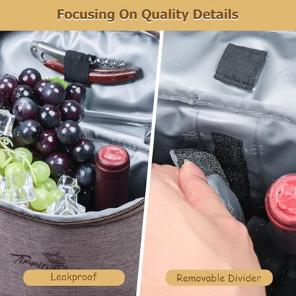 Tirrinia 2 Bottle Wine Gift Tote Carrier - Leakproof & Insulated with Large Pockets Wine Cooler Bag for Travel, Tasting, Party, Dinner, Valentine's Day Gift - color: Brown, size: 2 Bottle-with front pocket