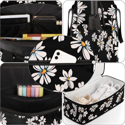 Travel Duffle Bags With Shoes Compartment for Women Men Daisy Flower Floral Black Lightweigh Sports Tote Gym Bag Foldable Canvas Weekender Overnight Carry On Luggage Handle Bag - color: print 2