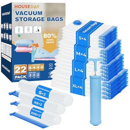 HOUSE DAY 22 Pack Vacuum Storage Bags with Pump,Space Saving Vacuum Seal Bags For Clothing Travel,4 Jumbo/4 Large/4 Medium/4 Small, 2S/2XS/2XXS Roll Up Bags, Hand Pump Included, Sealer Clothes Storage - size: 22 Pack