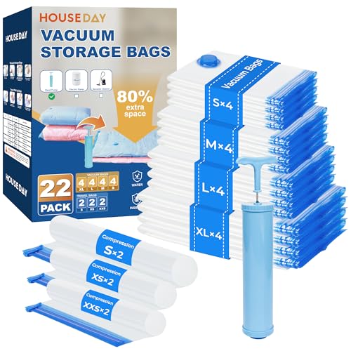HOUSE DAY 22 Pack Vacuum Storage Bags with Pump,Space Saving Vacuum Seal Bags For Clothing Travel,4 Jumbo/4 Large/4 Medium/4 Small, 2S/2XS/2XXS Roll Up Bags, Hand Pump Included, Sealer Clothes Storage - size: 22 Pack