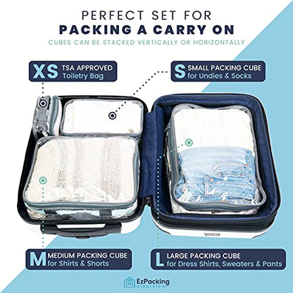 Clear Packing Cubes set of 4 / Packs 7-10 Days of Clothes/Premium PVC Plastic Storage Bags - color: Royal Blue