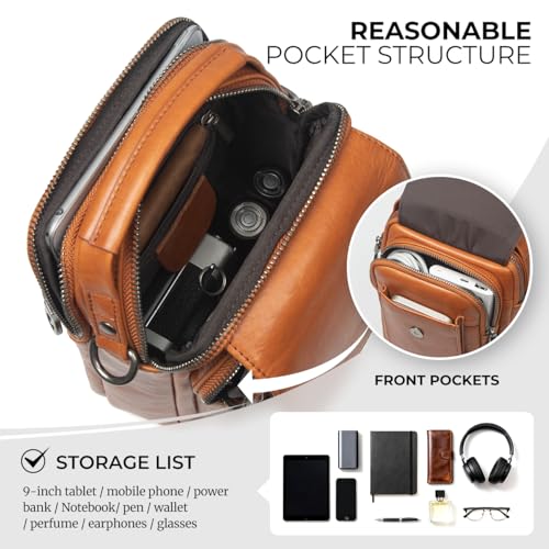 Augus Leather Small Messenger Bag For Men Crossbody Handbag Shoulder Sling Travel Bags for Men Purse Daypack Magnetic Buckle - color: Light Brown
