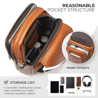 Augus Leather Small Messenger Bag For Men Crossbody Handbag Shoulder Sling Travel Bags for Men Purse Daypack Magnetic Buckle - color: Light Brown