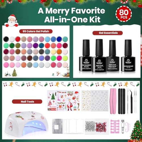 Beetles 80 Pcs Christmas Gel Nail Polish Kit with U V Light - 55 Color Gel Nail Kit Gifts for Women Soak Off Color Enchantment Winter Red Nails Art Home DIY Salon Beginners Manicure Set - color: Christmas Gel Nail Kit